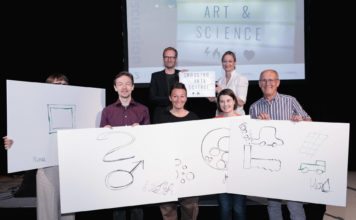 Crossing Art & Science — Erosion Crossing Art & Science No.2, vorne vlnr.: Nina Wenhart (Abteilung für Fashion & Technology, Kunstuniversität Linz), Andreas Enderlin-Mahr (Institut für Neuere Geschichte und Zeitgeschichte, JKU), Katharina Mayrhofer, Julia Singer (Abteilung für Visuelle Kommunikation, Kunstuniversität Linz), Horst Steinmüller (Energieinstitut an der JKU). Hinten: die Moderatoren von Crossing Art & Science Andre Zogholy (Kunstuniversität Linz) und Claudia Schwarz (Academia Superior)